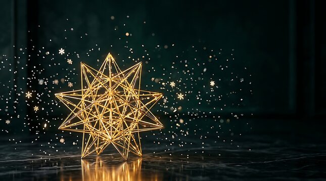 Glowing geometric gold star ornament with floating sparkling snowflakes on a dark reflective floor surface