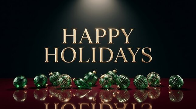Happy Holidays gold text sign with green decorative christmas baubles on reflective surface