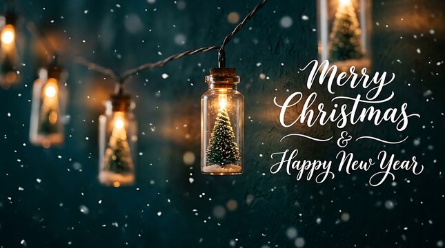 Merry Christmas and Happy New Year greeting card featuring miniature pine trees inside glowing glass light bulbs