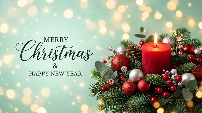 Merry Christmas and Happy New Year greeting card with burning red candle and festive holiday decorations