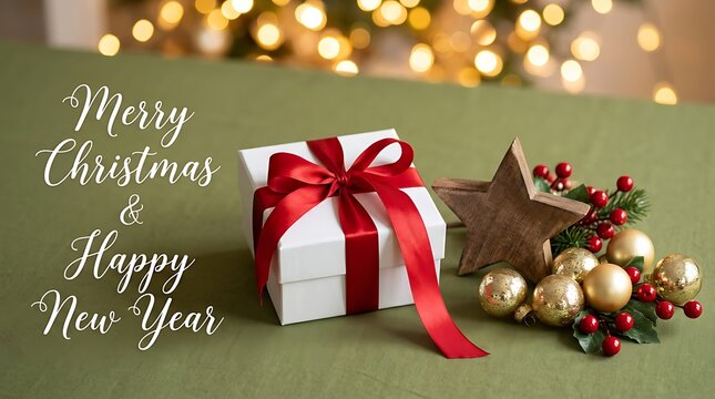 Merry Christmas and Happy New Year greeting card with white gift box and golden decorations