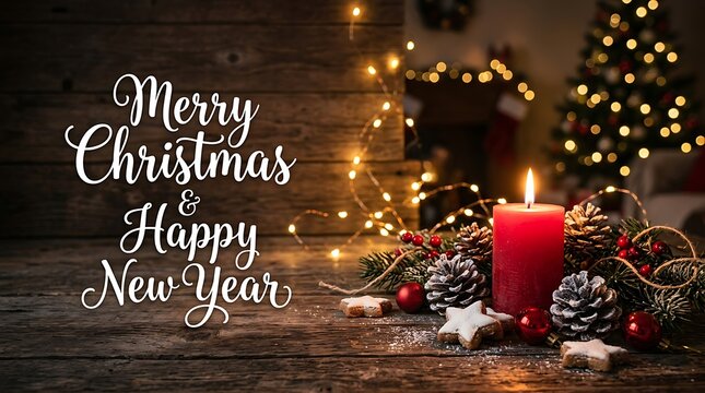 Merry Christmas and Happy New Year greeting text on rustic wooden table with candle and pine cones