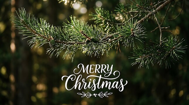 Merry Christmas calligraphy sign hanging below natural green pine tree branches