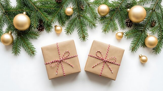 Two kraft paper wrapped christmas gift boxes decorated with golden ornaments and pine tree branches on a white background
