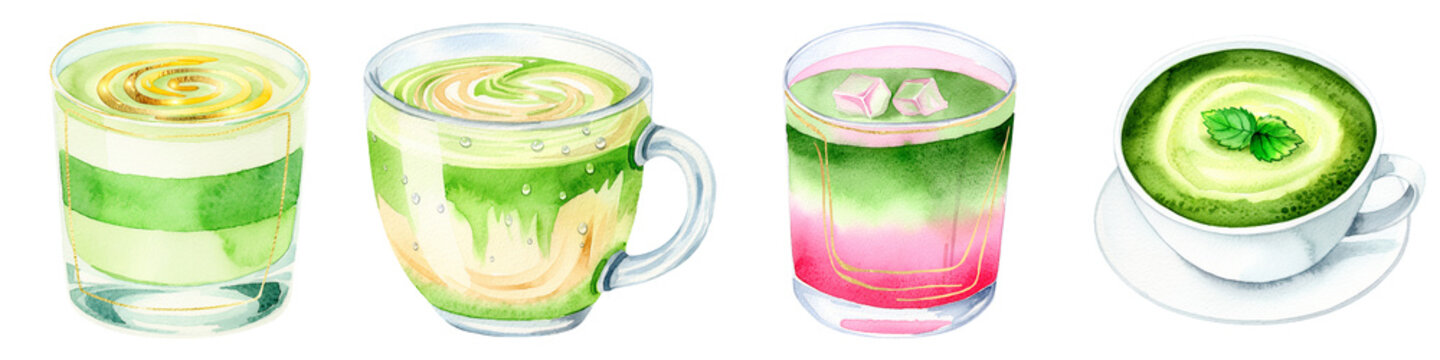 Watercolor matcha latte with gold accents and strawberry layers