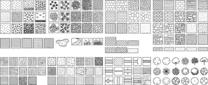 Professional CAD architectural drawings isolated on transparent background with various hatch patterns and site symbols
