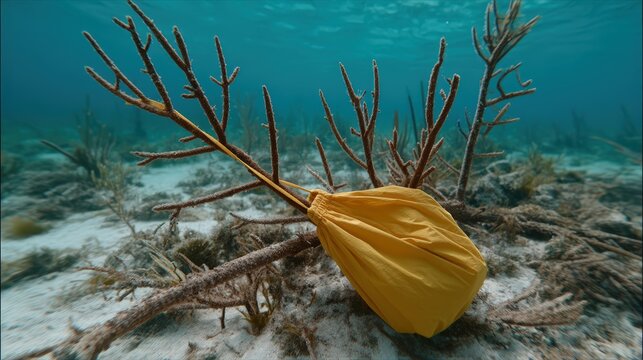 Yellow plastic bag caught on dead coral reef underwater environmental pollution