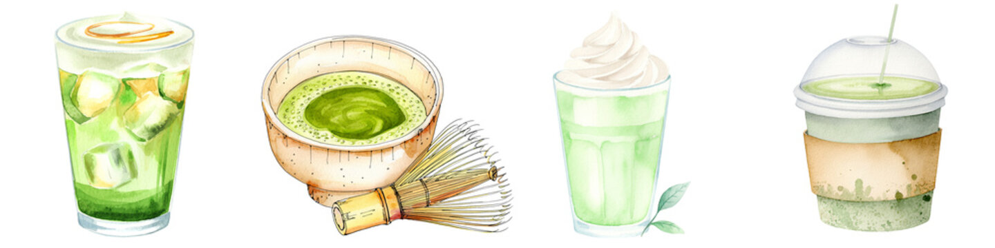 Watercolor matcha bowl with bamboo whisk and iced caramel latte