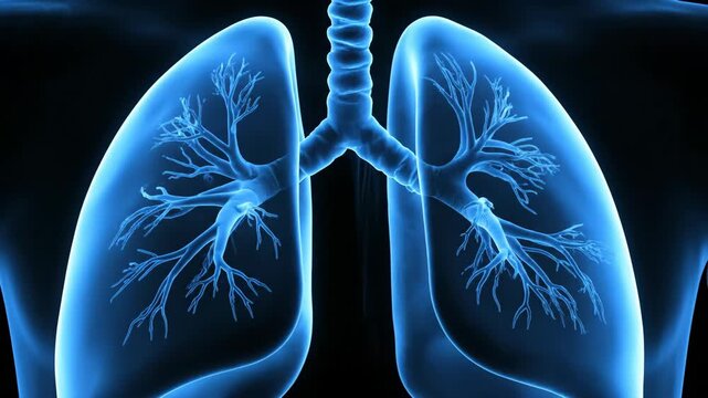 3D rendering of human lungs with bronchi, glowing blue on a dark background.