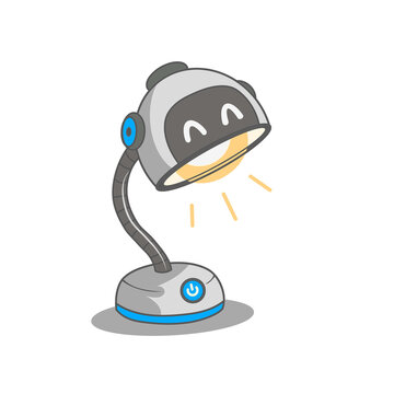 3D style cute robot desk lamp vector illustration with friendly happy face and glowing light isolated on white background