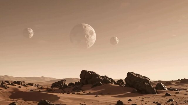 A desolate rocky alien planet landscape with multiple moons in a reddish sky evoking themes of space exploration and science fiction