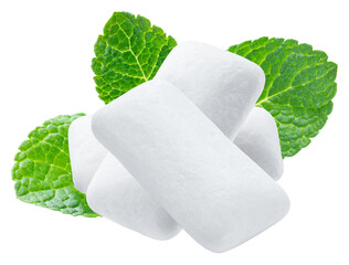 White mint chewing gum pads with fresh green mint leaves for dental care and dental health advertising, with clipping path © volff