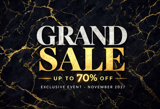 Elegant grand sale advertisement with golden text and marble background offering discounts