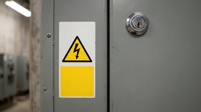 High voltage warning sign on a locked gray electrical panel, industrial safety alert, dangerous electricity symbol, power distribution equipment