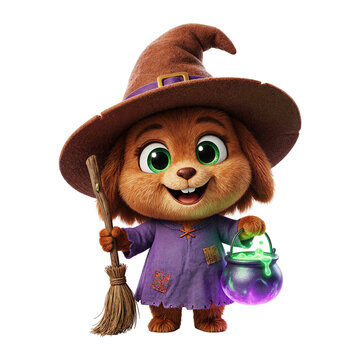 Cute Puppy Witch with Broom and Green Potion Cauldron 3D Render