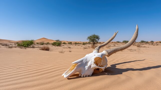 Animal skull in the desert sand with dunes background