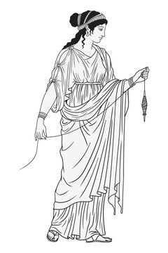 An ancient Greek woman in a tunic, holding a spindle and yarn.