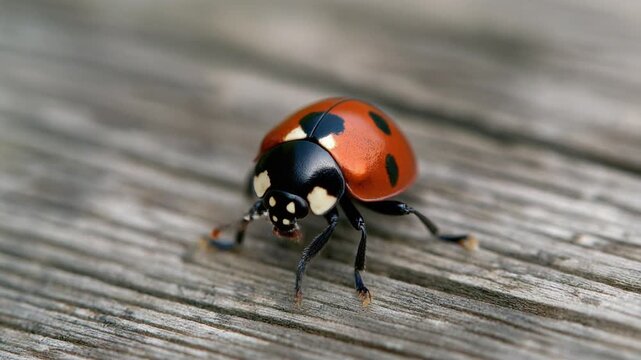 Ladybug crawling on wood texture during daylight with shallow depth of field and natural lighting
