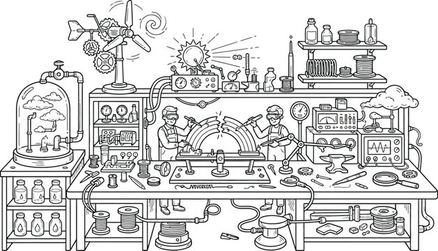 Detailed black and white line art vector illustration of crazy scientific laboratory workshop filled with gadgets