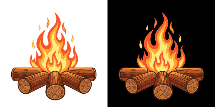 Cartoon bonfire with burning wooden logs isolated on transparent background
