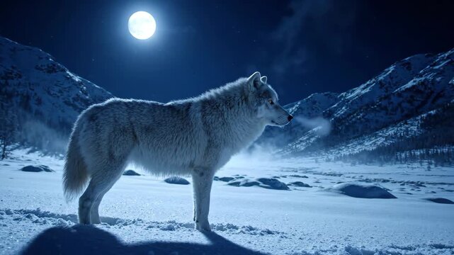 Arctic Wolf in Moonlight: A majestic white wolf stands alert in a vast, snow-covered arctic landscape under the luminous glow of a full moon, its breath misting in the frigid air.