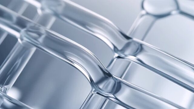 Abstract Flow of Clear Liquid: A close-up macro shot showcases the intricate, flowing patterns of a transparent liquid, creating an abstract, modern aesthetic with a cool blue and gray palette.