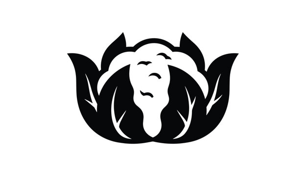Beautiful bold black stencil graphic of a fresh cauliflower or cabbage head with large wrapping outer leaves.
