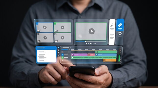 Person using a smartphone to edit with a futuristic interface displaying a timeline and clips video editing footage clips user interface mobile editing digital media content creation mobile app