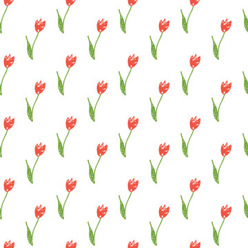 Seamless repeating pattern of hand-drawn red tulips with green stems and leaves on white background. Elegant floral design perfect for textiles, wallpapers, wrapping paper, and creative projects