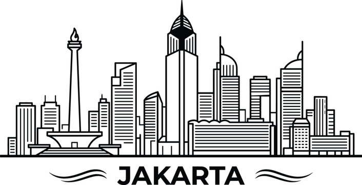 Jakarta city skyline vector illustration with national monument monas landmarks skyscrapers and decorative text graphic banner