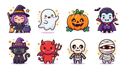 Obraz premium Cute Halloween Character Set with Kawaii Witch, Ghost, Vampire, Mummy, Skeleton, Devil and Pumpkin Illustrations