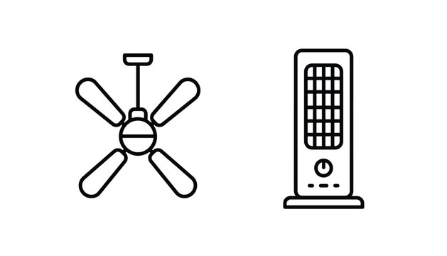 Minimalist line icons of a modern ceiling fan and a vertical tower fan, representing household cooling appliances for summer.