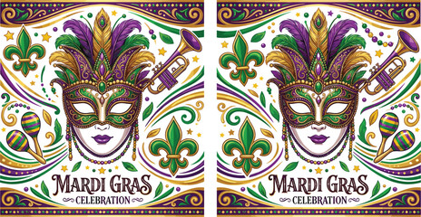 Mardi Gras celebration banner template set featuring ornate carnival mask fleur de lis maracas and trumpet © Shapla