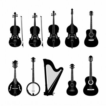 Large collection of professional black string musical instrument silhouettes featuring violin, guitar, harp, and cello, isolated on a clean white background in a minimalist graphic vector style.