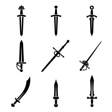 A comprehensive set of diverse medieval sword icons and historical weapon silhouettes in black flat style, including rapiers and daggers, perfect for game UI design and fantasy concepts.