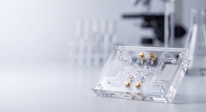 Transparent quartz crystal microbalance sensor chip with gold electrodes on a laboratory bench, showcasing precision instrumentation for scientific research