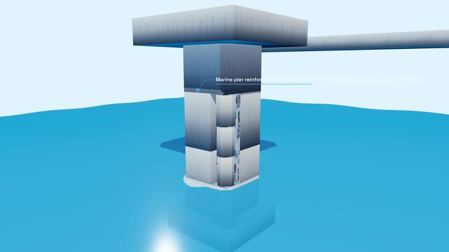 3D animation showing the process of concrete spalling on a marine pier due to chloride corrosion of the steel reinforcement leading to structural failure and delamination
