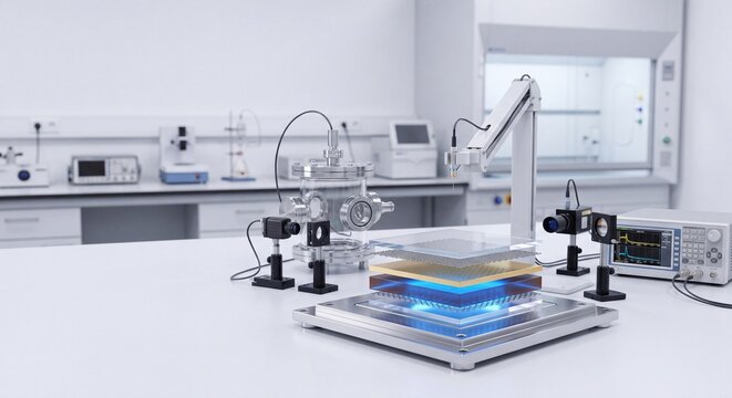 Advanced robotic arm performing precision tasks on an illuminated platform in a modern, clean laboratory setting, symbolizing automation and scientific innovation