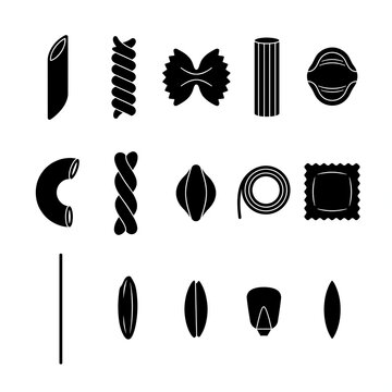 Comprehensive collection of Italian pasta shapes and organic grain silhouettes featuring penne, farfalle, and ravioli icons isolated on a white background for culinary and menu design.