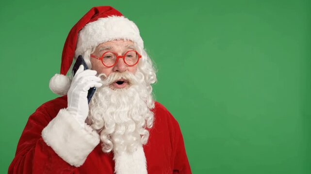 Santa Claus wearing round red glasses talks on a smartphone, gesticulating emotionally against a green screen chroma key background. 