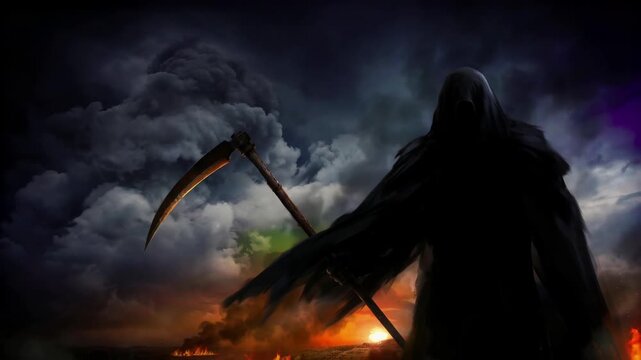 Grim Reaper Stands with Scythe Against Fiery Apocalyptic Sky Cinematic Horror Concept