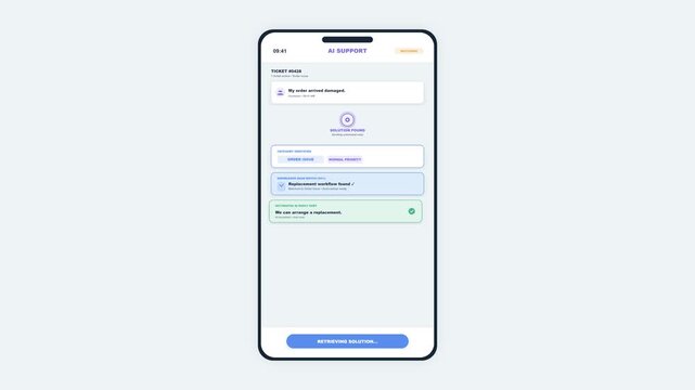 Flat minimalist illustration of a smart SaaS help desk smartphone app using AI to categorize unstructured customer complaints, search knowledge bases, send automated solutions, and resolve support