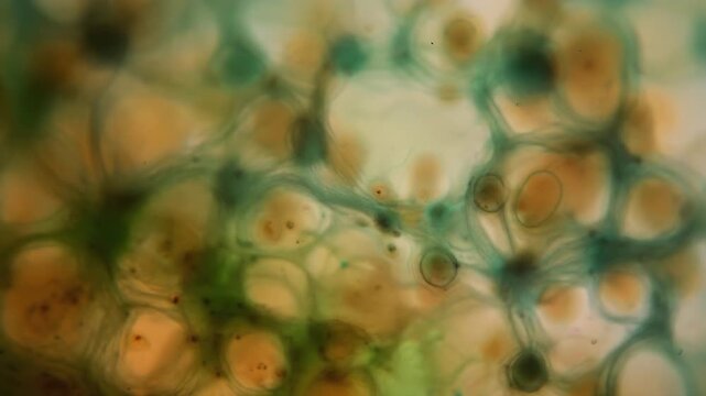 Microscopic World of Cells: An abstract macro photograph reveals the intricate beauty of cellular structures, with vibrant orange and green hues forming a complex network of life.