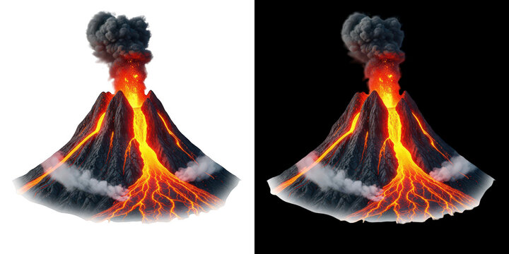 Erupting volcanoes with lava flow and smoke isolated on transparent background