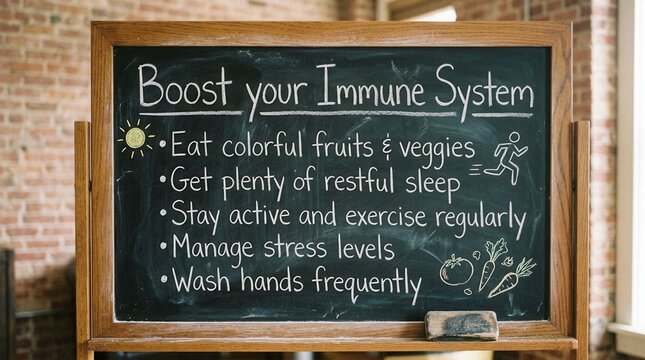 Chalkboard List: Boost Your Immune System with Healthy Habits - Diet, Sleep, Exercise, Stress Management, Hygiene