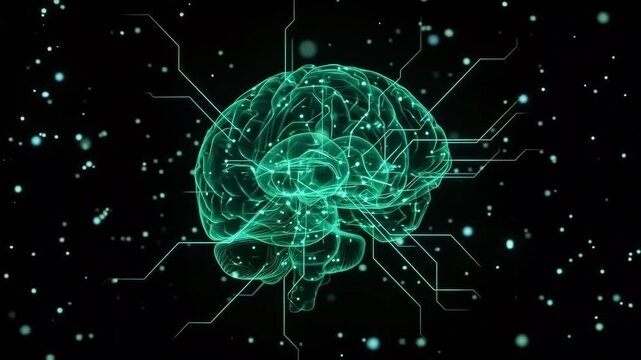 Glowing Green Cyan Digital Brain Silhouette, Machine Learning Technology Concept