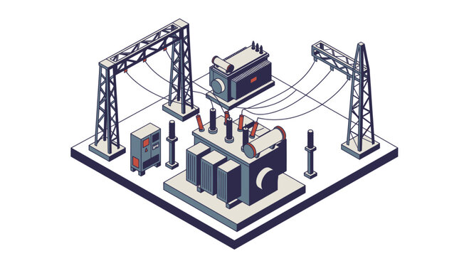 Corporate Isometric of Industrial Power Generation Equipment with Transformers Cranes and Electrical Wiring