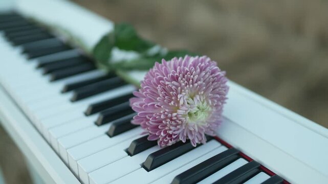 Pink flower lying on white piano keys while a hand plays