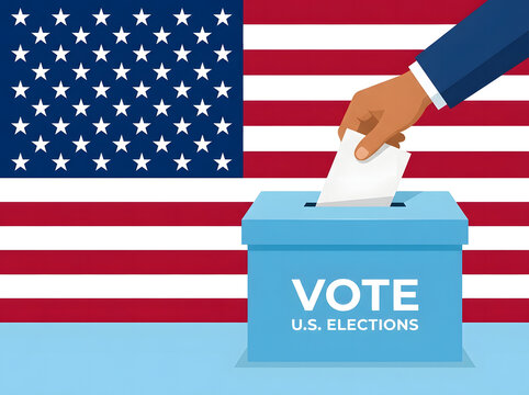 Hand casting a ballot into a blue voting box in front of the United States flag
