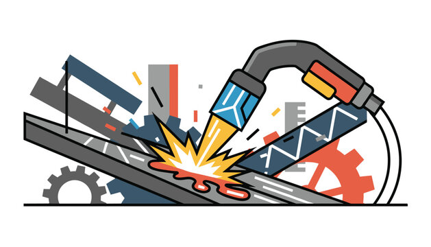 Colorful vector illustration depicting an industrial welding process with a torch creating bright sparks on a metal piece.